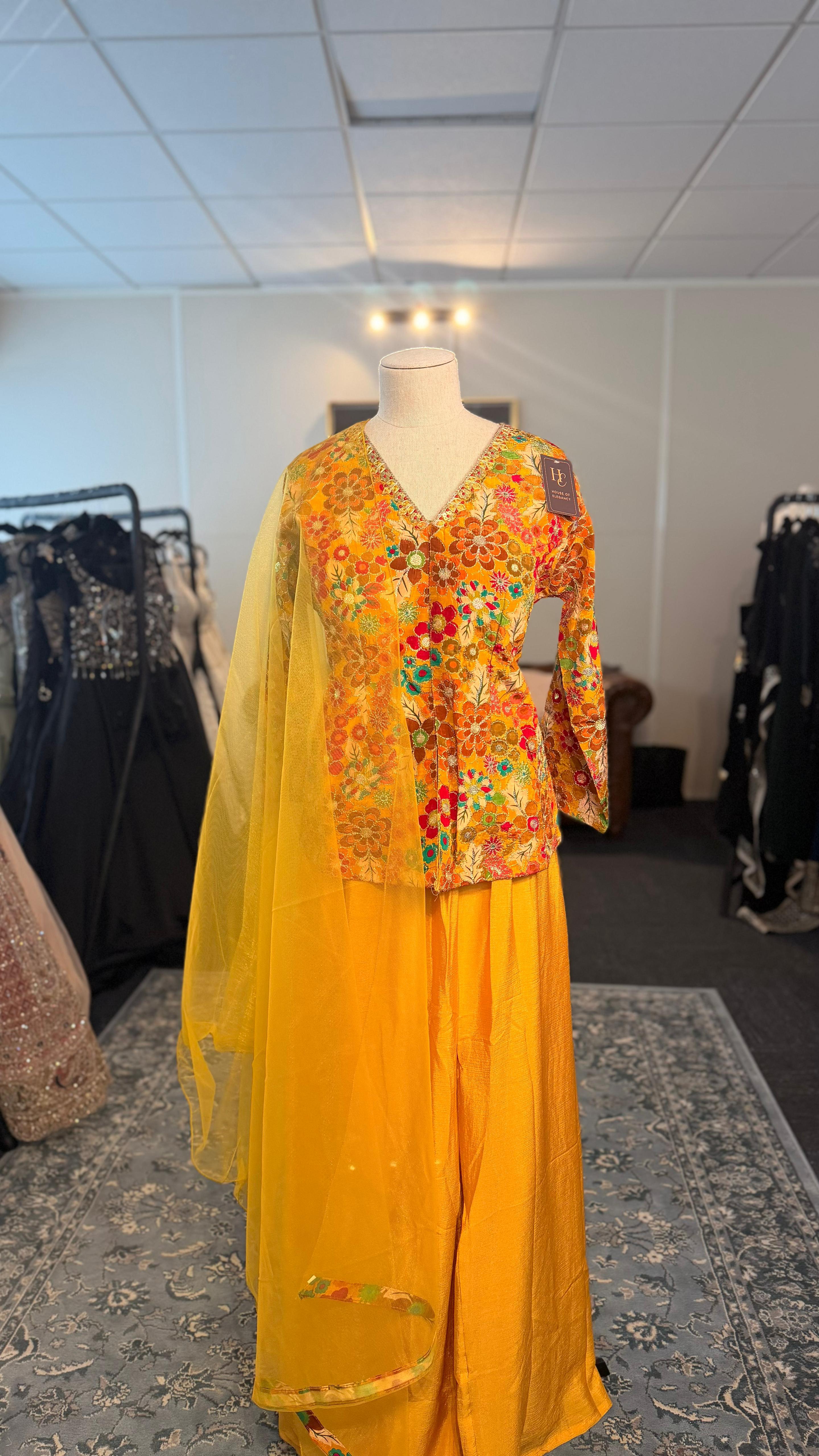 Yellow Open Shahara with Floral Top