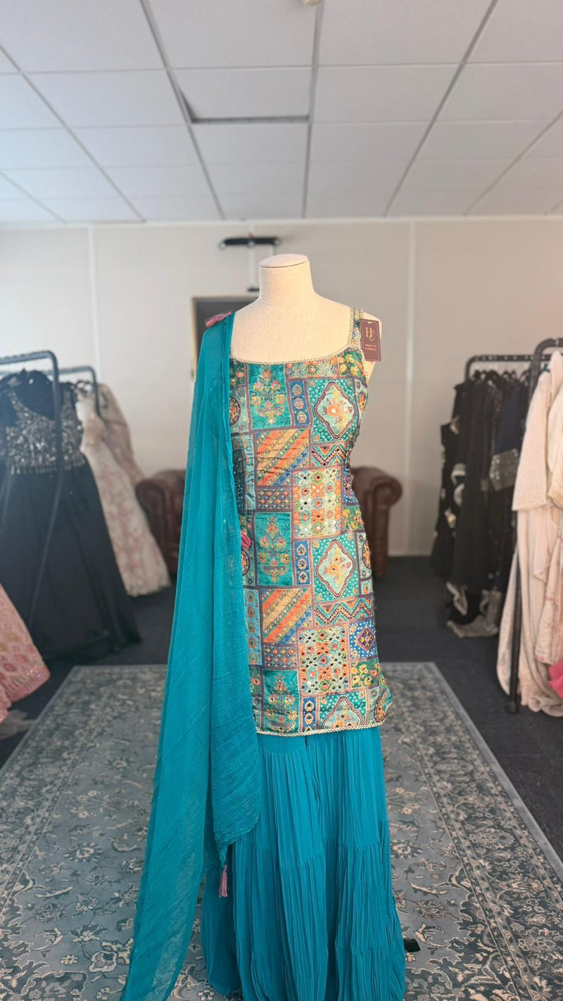 Long Blue Shahara with Embellished Patterns
