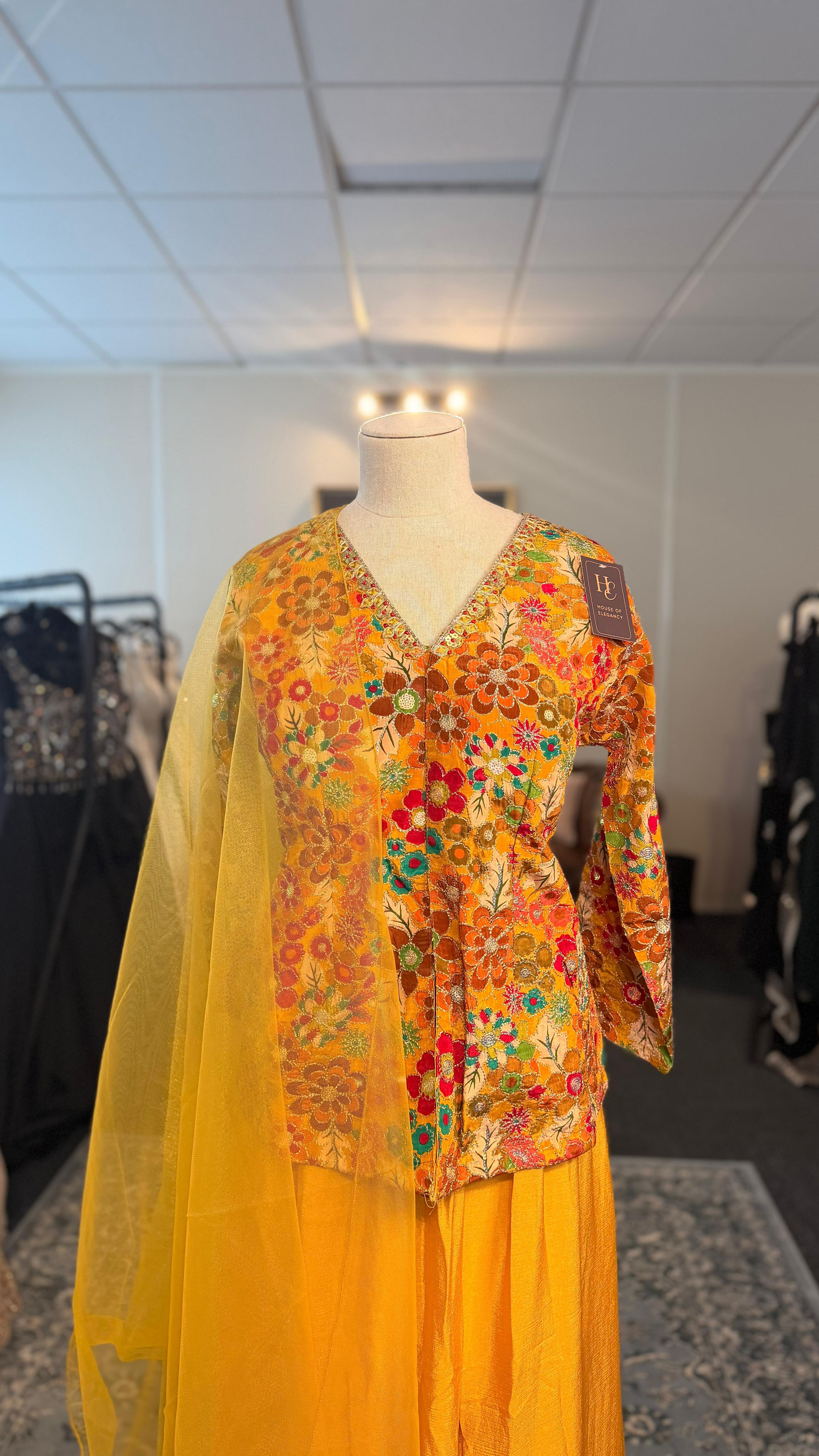 Yellow Open Shahara with Floral Top