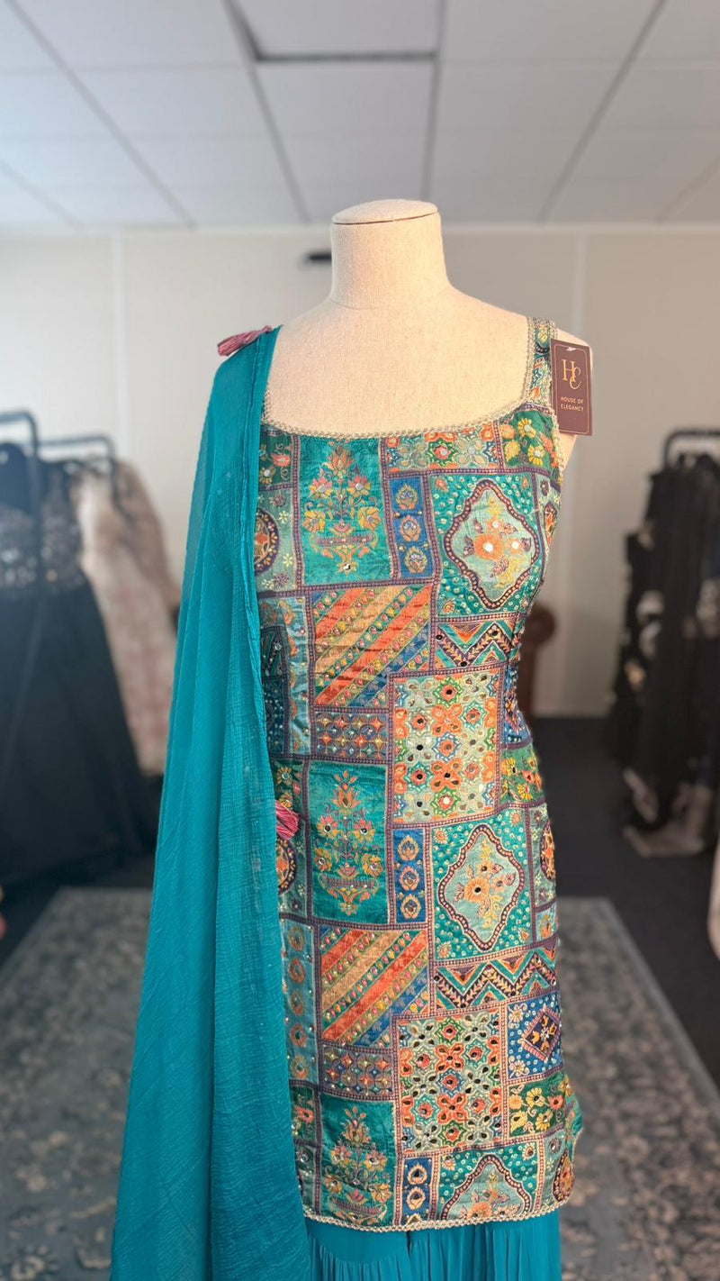 Long Blue Shahara with Embellished Patterns