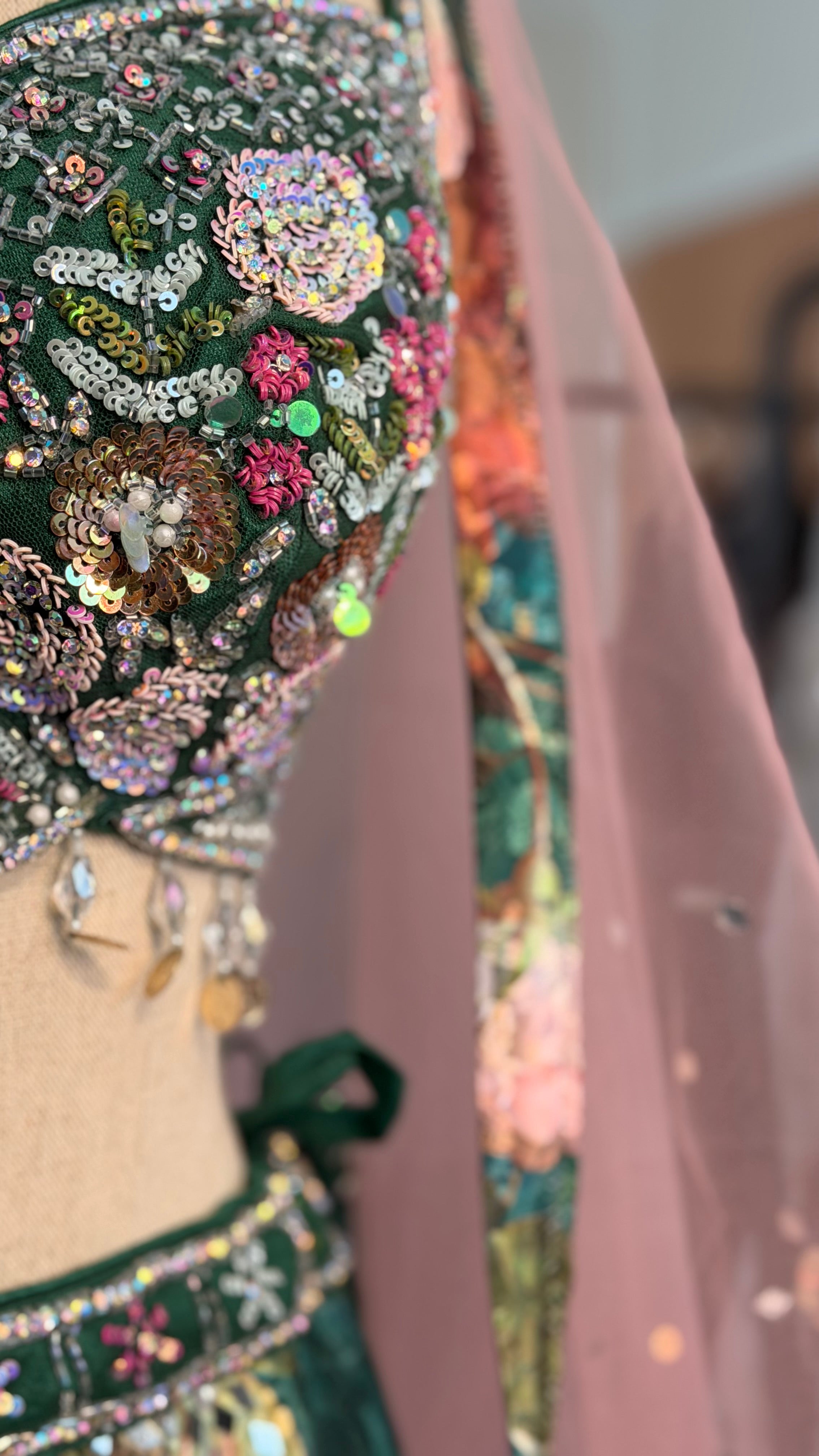Green Floral Lehenga with Pearl Detailing