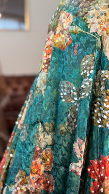 Green Floral Lehenga with Pearl Detailing