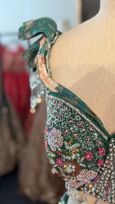 Green Floral Lehenga with Pearl Detailing