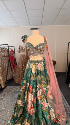 Green Floral Lehenga with Pearl Detailing