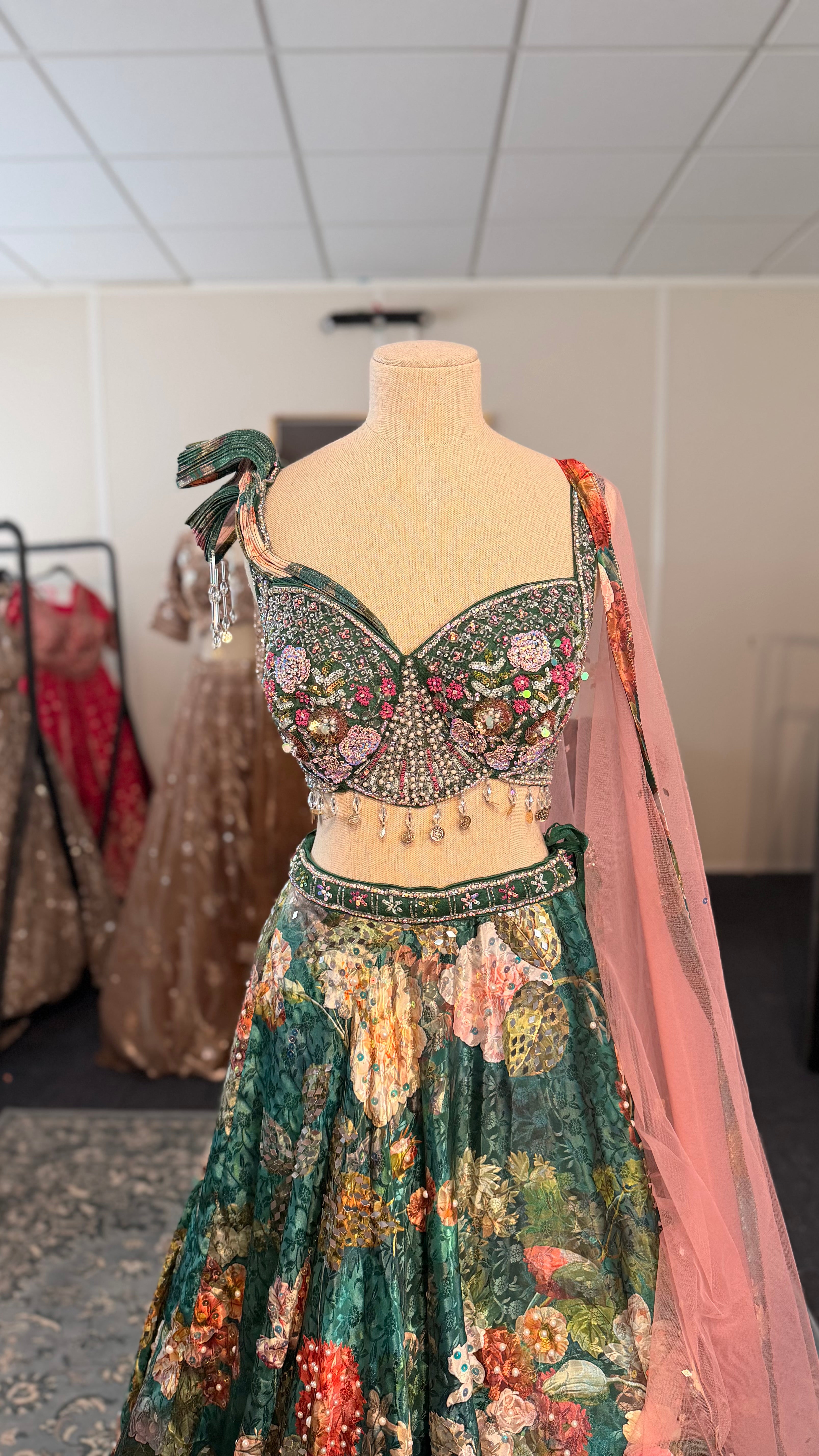 Green Floral Lehenga with Pearl Detailing