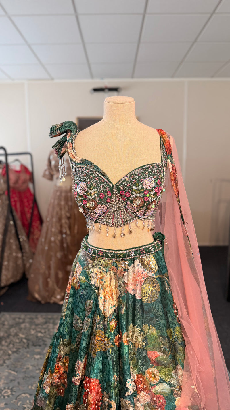 Green Floral Lehenga with Pearl Detailing