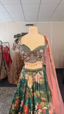 Green Floral Lehenga with Pearl Detailing